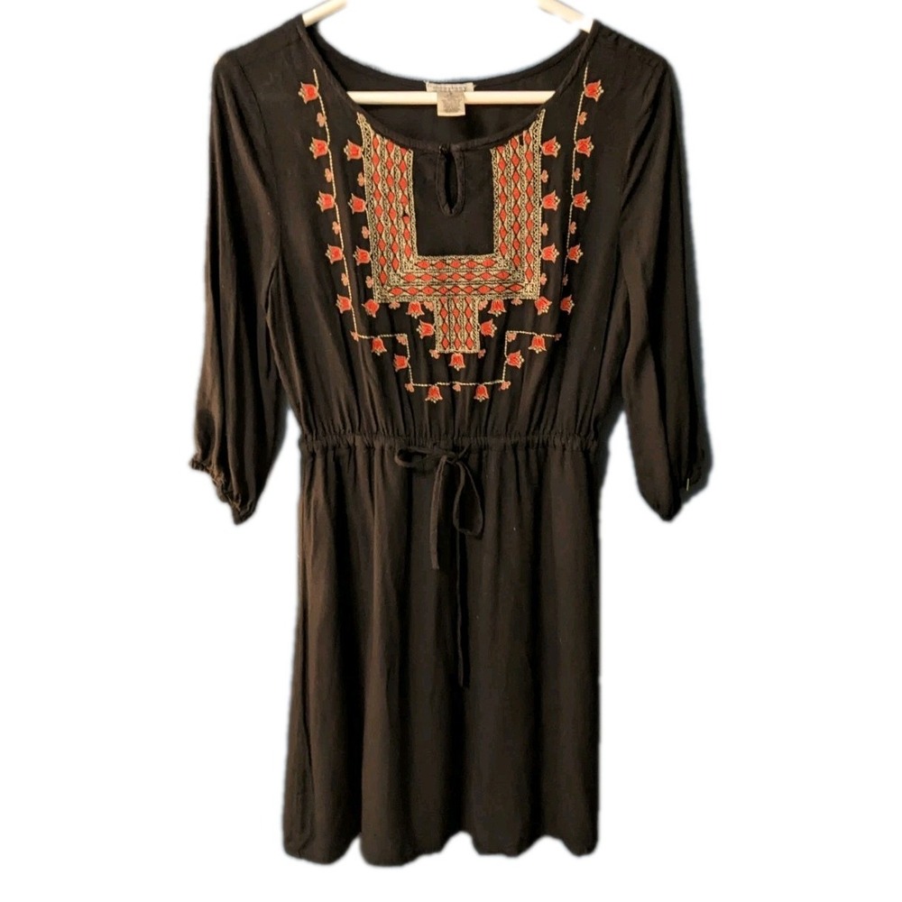 Embroidered Boho Black Mini Dress‎ by Dizzy Lizzy 3/4 Sleeve With 1/2 Slip Med.